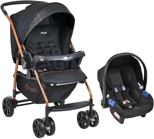 Carrinho de Bebê com Bebê Conforto Rio K, Preto e Cobre